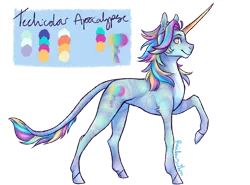 Size: 2846x2108 | Tagged: safe, artist:leechetious, derpibooru import, oc, oc:technicolour apocalypse, unofficial characters only, pony, unicorn, colored hooves, horn, leonine tail, raised hoof, reference sheet, simple background, solo, transparent background, unicorn oc