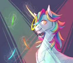 Size: 2637x2274 | Tagged: safe, artist:leechetious, derpibooru import, oc, oc:technicolour apocalypse, unofficial characters only, pony, unicorn, bust, glowstick, grin, horn, multicolored hair, rainbow hair, rave, smiling, solo, unicorn oc