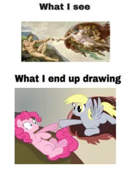 Size: 500x646 | Tagged: safe, artist:michelangelo, artist:pipersack, derpibooru import, edit, derpy hooves, pinkie pie, oc, pegasus, pony, female, fine art parody, god, mare, meme, parody, sistine chapel, the creation of adam