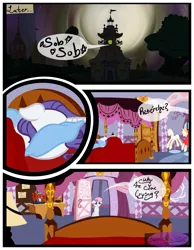 Size: 3500x4500 | Tagged: safe, artist:becauseimpink, derpibooru import, rarity, sweetie belle, pony, unicorn, comic:transition, bed, colt, comic, crying, dialogue, elusive, female, full moon, male, male pov, mannequin, moon, night, offscreen character, pillow, pov, rule 63, silver bell, stallion, transgender