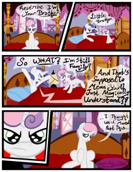 Size: 3500x4500 | Tagged: safe, artist:becauseimpink, derpibooru import, rarity, sweetie belle, pony, unicorn, comic:transition, angry, bed, colt, comic, dialogue, elusive, male, pillow, rule 63, silver bell, stallion, transgender, yelling
