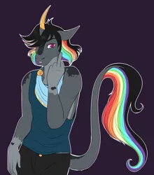 Size: 1987x2254 | Tagged: anthro, artist:caff, curved horn, derpibooru import, horn, leonine tail, male, middle finger, multicolored hair, oc, oc:janky, rainbow hair, safe, stallion, trade, vulgar