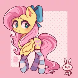 Size: 1100x1100 | Tagged: safe, artist:funkychickenamy, derpibooru import, angel bunny, fluttershy, pegasus, pony, rabbit, abstract background, animal, blushing, bow, clothes, cute, cutie mark, ear fluff, female, hair bow, heart eyes, looking sideways, mare, one wing out, open mouth, pink background, polka dots, shyabetes, simple background, socks, solo, striped socks, three quarter view, wingding eyes, wings