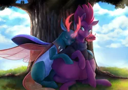 Size: 4092x2893 | Tagged: safe, artist:nsfwbonbon, derpibooru import, fizzlepop berrytwist, pharynx, tempest shadow, bird, changedling, changeling, pony, unicorn, belly bumps, belly button, broken horn, clothes, commission, crepuscular rays, female, food, grapes, horn, hug, interspecies, kicking, magic, male, mare, outie belly button, pregnant, prince pharynx, scarf, shipping, sitting, story included, straight, telekinesis, tempynx, tree