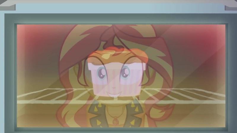 Size: 1920x1080 | Tagged: safe, derpibooru import, screencap, sunset shimmer, equestria girls, equestria girls series, holidays unwrapped, spoiler:eqg series (season 2), baking, cute, female, geode of empathy, kitchen, magical geodes, oven, pinkie's kitchen, ramekin, saving pinkie's pie, shimmerbetes, smiling, solo, souffle