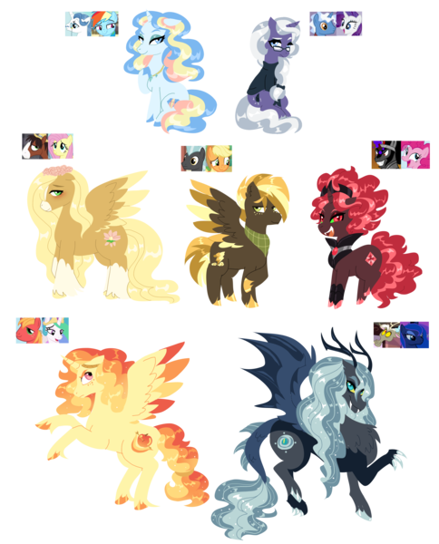 Size: 3115x3859 | Tagged: safe, artist:purfectprincessgirl, derpibooru import, applejack, big macintosh, discord, fancypants, fluttershy, king sombra, pinkie pie, pokey pierce, princess celestia, princess luna, rainbow dash, rarity, thunderlane, trouble shoes, oc, alicorn, hybrid, pony, unicorn, alicorn oc, antlers, blushing, celestimac, clothes, colored hooves, colored wings, colored wingtips, curved horn, draconequus hybrid, fancydash, female, floppy ears, floral head wreath, flower, freckles, glasses, horn, interspecies offspring, jewelry, lunacord, male, mare, neckerchief, necklace, offspring, parent:applejack, parent:big macintosh, parent:discord, parent:fancypants, parent:fluttershy, parent:king sombra, parent:pinkie pie, parent:pokey pierce, parent:princess celestia, parent:princess luna, parent:rainbow dash, parent:rarity, parent:thunderlane, parent:troubleshoes clyde, parents:celestimac, parents:fancydash, parents:lunacord, parents:raripierce, parents:sombrapie, parents:thunderjack, parents:troubleshy, rainbowpants, raripierce, rearing, shipping, simple background, sombrapie, stallion, straight, sweater, thunderjack, transparent background, troubleshy, unshorn fetlocks, wings