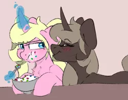 Size: 1959x1535 | Tagged: safe, artist:spoopygander, derpibooru import, oc, oc:eureka, oc:parch well, pony, unicorn, blushing, chest fluff, chipmunk cheeks, eating, female, grumpy, happy, horn, kissing, magic, mare