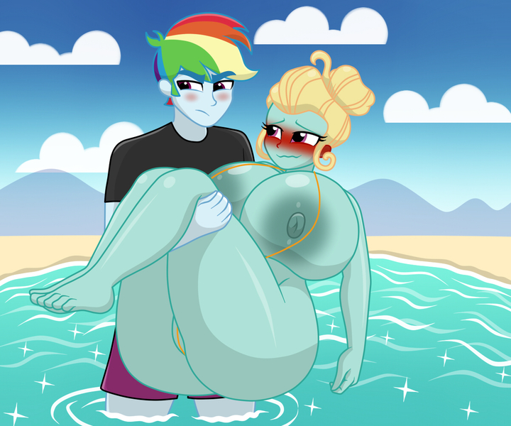 Size: 1200x1000 | Tagged: questionable, artist:mashoart, derpibooru import, part of a set, rainbow dash, zephyr breeze, equestria girls, areola, aura winds, aurablitz, barefoot, beach, big breasts, big nipples, blushing, blushing profusely, breasts, bridal carry, busty aura winds, butt, carrying, clothes, cloud, equestria guys, extra thicc, feet, female, hair bun, holding, huge breasts, huge butt, impossibly large breasts, large butt, lifting, literal string bikini, looking away, male, mountain, nipples, nudity, ocean, rainbow blitz, rule 63, shipping, shirt, shorts, sky, spherical breasts, straight, string bikini, strong, the ass was fat, thighs, thunder thighs, useless clothing, water, wide hips, zephdash