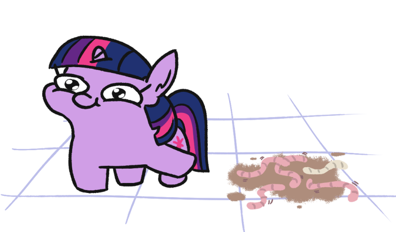 Size: 833x487 | Tagged: safe, artist:jargon scott, derpibooru import, twilight sparkle, oc, oc:puddle worms™, earthworm, pony, unicorn, worm, comic:puddle worms™, :t, cute, dirt, female, mare, pointing, simple background, smiling, solo, twiabetes, twiggie, unicorn twilight, wat, white background