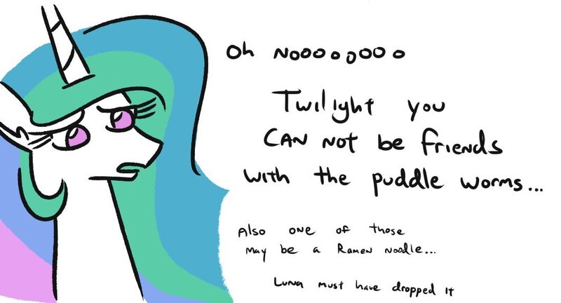 Size: 1062x573 | Tagged: safe, artist:jargon scott, derpibooru import, princess celestia, alicorn, pony, comic:puddle worms™, bust, confused, dialogue, female, frown, implied princess luna, implied puddle worms™, implied twilight sparkle, lidded eyes, looking down, mare, simple background, solo, white background, worried