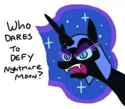 Size: 863x754 | Tagged: safe, artist:jargon scott, derpibooru import, nightmare moon, alicorn, pony, comic:puddle worms™, friendship is magic, angry, bust, dialogue, eyeshadow, female, frown, glare, makeup, mare, open mouth, sharp teeth, simple background, solo, teeth, text, white background