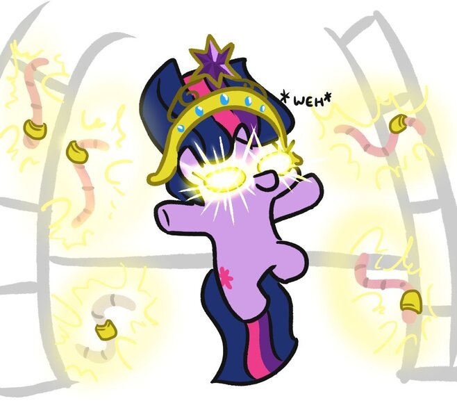 Size: 969x884 | Tagged: safe, artist:jargon scott, derpibooru import, twilight sparkle, oc, oc:puddle worms™, earthworm, pony, unicorn, worm, comic:puddle worms™, friendship is magic, element of generosity, element of honesty, element of kindness, element of laughter, element of loyalty, element of magic, elements of harmony, female, floating, glow, glowing eyes, glowing worms, implied nightmare moon, mare, onomatopoeia, simple background, smiling, twiggie, unicorn twilight, wat, weh, white background