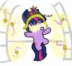 Size: 969x884 | Tagged: safe, artist:jargon scott, derpibooru import, twilight sparkle, oc, oc:puddle worms™, earthworm, pony, unicorn, worm, comic:puddle worms™, friendship is magic, element of generosity, element of honesty, element of kindness, element of laughter, element of loyalty, element of magic, elements of harmony, female, floating, glow, glowing eyes, glowing worms, implied nightmare moon, mare, onomatopoeia, simple background, smiling, twiggie, unicorn twilight, wat, weh, white background