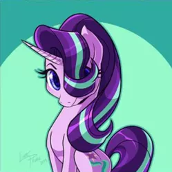 Size: 357x359 | Tagged: safe, artist:linaprime, derpibooru import, starlight glimmer, pony, unicorn, cropped, cute, female, glimmerbetes, hair over one eye, lowres, mare, sitting, smiling, solo