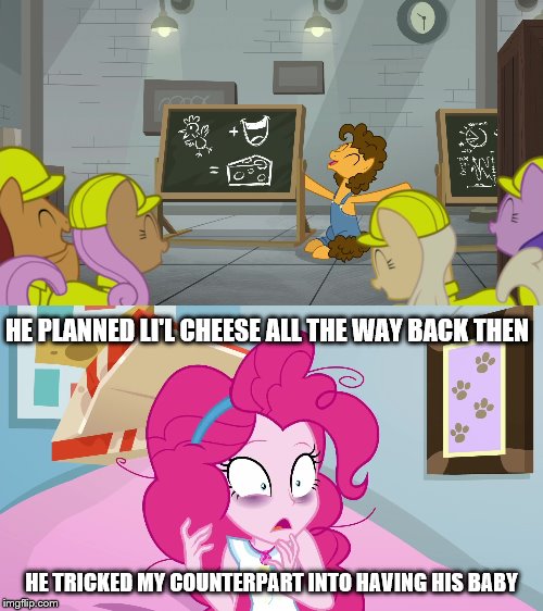 Size: 500x562 | Tagged: safe, derpibooru import, screencap, cheese sandwich, pinkie pie, pony, equestria girls, the last laugh, caption, conspiracy, conspiracy theory, image macro, text