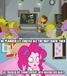Size: 500x562 | Tagged: safe, derpibooru import, screencap, cheese sandwich, pinkie pie, pony, equestria girls, the last laugh, caption, conspiracy, conspiracy theory, image macro, text