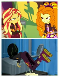 Size: 3106x4096 | Tagged: suggestive, artist:the_real_me, deleted from derpibooru, derpibooru import, edit, edited screencap, screencap, adagio dazzle, sunset shimmer, equestria girls, equestria girls series, sunset's backstage pass!, spoiler:eqg series (season 2), abuse, angry, fetish, headfirst, outhouse, pee edit, peeing in pants, pissing, shimmerbuse, smelly, stink lines, swirly, toilet, urine, watersports, wetting