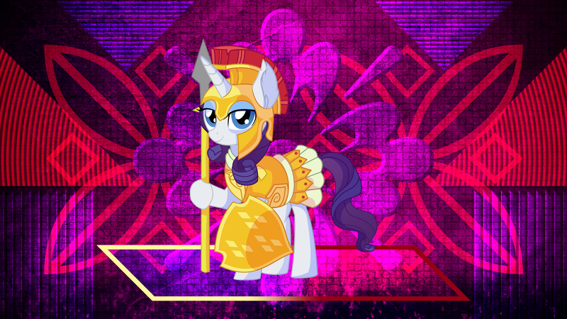 Size: 3840x2160 | Tagged: safe, artist:cyanlightning, artist:laszlvfx, derpibooru import, edit, rarity, pony, unicorn, armor, athena rarity, shield, solo, spear, wallpaper, wallpaper edit, weapon