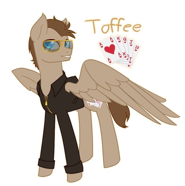 Size: 780x786 | Tagged: artist needed, card, clothes, cutie mark, derpibooru import, jacket, leather jacket, male, oc, oc:toffee scotch, pegasus, pegasus oc, safe, source needed, stallion, sunglasses, wings