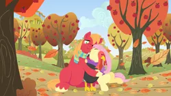 Size: 2880x1620 | Tagged: safe, anonymous artist, derpibooru import, big macintosh, fluttershy, bird, turkey, series:fm holidays, apple, apple tree, autumn, autumn leaves, clothes, eyes closed, falling leaves, female, fluttermac, food, holiday, hug, leaf, leaves, lineless, male, no pupils, nose in the air, nuzzling, one eye closed, scarf, shipping, straight, sweater, sweatershy, sweet apple acres, thanksgiving, tree