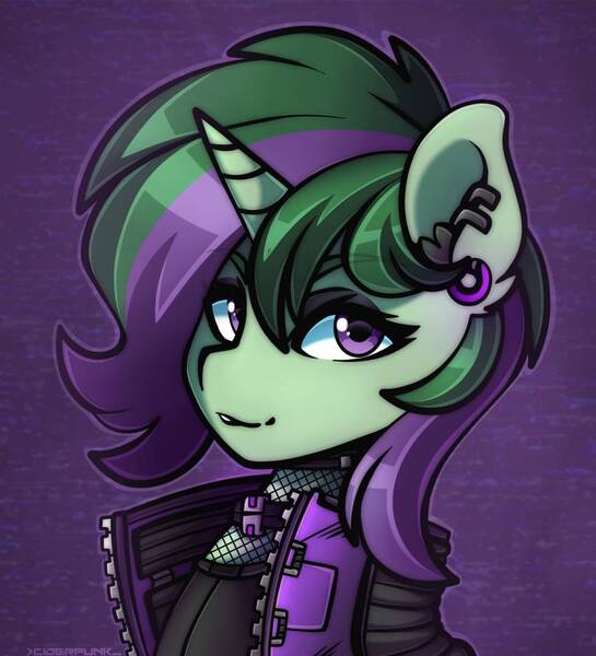 Size: 852x938 | Tagged: safe, artist:ciderpunk, derpibooru import, oc, oc:minty, unofficial characters only, pony, unicorn, bust, clothes, cyberpunk, ear piercing, earring, fishnets, jacket, jewelry, piercing