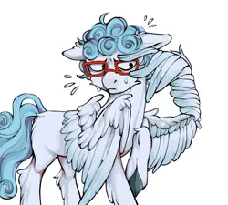 Size: 2081x1873 | Tagged: safe, artist:karamboll, derpibooru import, ponified, pegasus, pony, blue, clothes, crossover, curly hair, ghiaccio, glasses, golden wind, jjba, jojo, jojo's bizarre adventure, male, shy, simple background, solo, stallion, sweat, sweater, vento aureo, white background, wing hands, wings