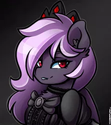 Size: 842x949 | Tagged: safe, artist:ciderpunk, derpibooru import, oc, oc:sak, unofficial characters only, bat pony, pony, vampire, vampony, bat pony oc, bat wings, bust, clothes, fangs, goth, gothic, gradient background, red eyes, wings