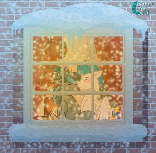 Size: 2040x2000 | Tagged: safe, artist:dookin, derpibooru import, oc, oc:niveous, oc:rosy firefly, unofficial characters only, pegasus, pony, blushing, brick, candle, christmas, christmas tree, couple, curtains, cute, eyes closed, fireplace, floppy ears, gay, holiday, kiss on the lips, kissing, male, oc x oc, present, shipping, snow, snowfall, spread wings, stallion, tree, window, wings, winter, wreath