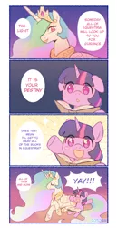 Size: 800x1552 | Tagged: safe, artist:dotoriii, derpibooru import, princess celestia, twilight sparkle, alicorn, pony, unicorn, 4koma, :d, :o, adorkable, blush sticker, blushing, book, bookhorse, cheering, comic, cute, daaaaaaaaaaaw, dialogue, dork, duo, everything went better than expected, excited, eyes closed, female, filly, filly twilight sparkle, floppy ears, hnnng, lidded eyes, mare, momlestia, open mouth, prone, reading, sitting, smiling, sparkles, speech bubble, that pony sure does love books, twiabetes, unicorn twilight, weapons-grade cute, yay, younger