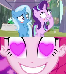 Size: 500x562 | Tagged: safe, derpibooru import, edit, edited screencap, screencap, pinkie pie, starlight glimmer, trixie, coinky-dink world, eqg summertime shorts, equestria girls, student counsel, female, heart eyes, lesbian, meme, pinkie's eyes, shipping, startrix, wingding eyes