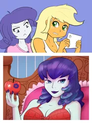 Size: 1950x2620 | Tagged: suggestive, artist:empyu, derpibooru import, applejack, coloratura, rarity, equestria girls, apple, bed, bedroom, bra, breasts, cleavage, clothes, comic, female, food, fruit, lesbian, lipstick, rara, rarajack, shipping, underwear