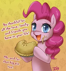 Size: 700x751 | Tagged: safe, artist:johnjoseco, derpibooru import, pinkie pie, earth pony, pony, ask gaming princess luna, cute, dialogue, diapinkes, eating, female, food, holiday, leaf, looking at you, mare, messy eating, open mouth, pie, solo, thanksgiving