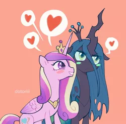 Size: 2187x2139 | Tagged: safe, artist:dotoriii, derpibooru import, princess cadance, queen chrysalis, alicorn, changeling, changeling queen, pony, blush sticker, blushing, cadalis, female, heart, infidelity, lesbian, mare, pictogram, quadrupedal, shipping, tsundalis