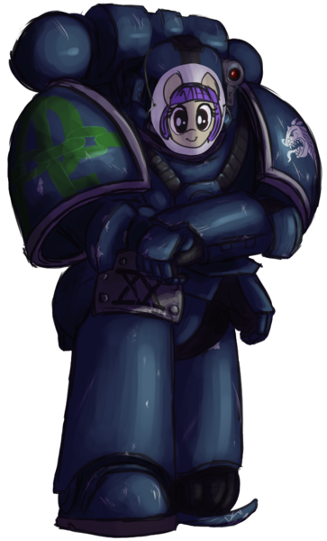 Size: 648x1072 | Tagged: safe, artist:t72b, derpibooru import, oc, human, pony, adeptus astartes, alpha legion, armor, background pony, disguise, female, human male, kneeling, male, mare, mask, paper thin disguise, power armor, solo, space marine, warhammer (game), warhammer 30k, warhammer 40k