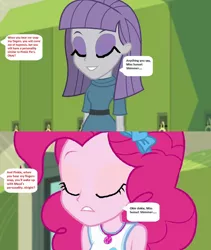 Size: 824x978 | Tagged: safe, derpibooru import, edit, edited screencap, editor:thomasfan45, screencap, maud pie, pinkie pie, equestria girls, equestria girls series, forgotten friendship, stressed in show, 1000 hours in ms paint, bow, canterlot high, clothes, cute, diapinkes, dress, eyes closed, female, geode of sugar bombs, hair bow, hallway, hypnosis, hypnotized, implied sunset shimmer, lockers, magical geodes, maudabetes, mental shift, offscreen character, personality swap, pie sisters, request, siblings, sisters, sleeping, smiling, speech bubble, story included