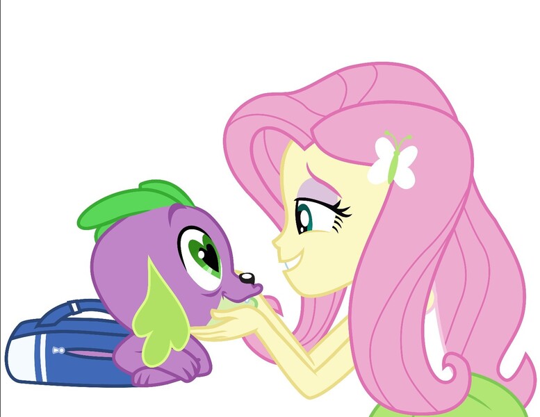 Size: 1531x1182 | Tagged: safe, derpibooru import, fluttershy, spike, dog, human, equestria girls, backpack, backpack spike, female, flutterspike, heart eyes, male, shipping, simple background, spike gets all the equestria girls, spike the dog, straight, white background, wingding eyes