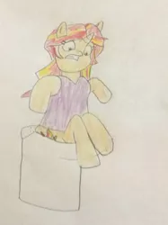 Size: 772x1034 | Tagged: safe, artist:snipiper, derpibooru import, sunset shimmer, pony, unicorn, but why, female, solo, stuck, toilet, traditional art