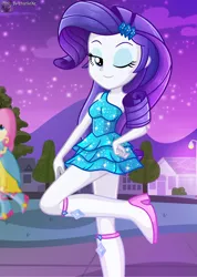 Size: 569x801 | Tagged: safe, artist:charliexe, derpibooru import, fluttershy, rarity, equestria girls, adorasexy, beautiful, beautisexy, blue eyes, blue eyeshadow, clothes, cute, dress, eyeshadow, fall formal outfits, legs, looking at you, makeup, night, one eye closed, raised leg, raribetes, schrödinger's pantsu, seductive wink, sexy, smiling, solo focus, standing, standing on one leg, stupid sexy rarity, thighs, wink, woman