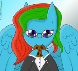 Size: 800x728 | Tagged: safe, artist:herotwilight1111, derpibooru import, oc, oc:precised note, unofficial characters only, pegasus, pony, alternate hairstyle, bowtie, clothes, cookie, eating, food, glasses, looking at you, nom, signature, tuxedo