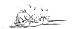 Size: 4857x1974 | Tagged: safe, artist:coco-drillo, derpibooru import, oc, oc:cocodrillo, unofficial characters only, earth pony, pony, clothes, floppy ears, laying on stomach, messy mane, monochrome, music, music notes, scarf, sketch, sleeping, sleepy, stitches