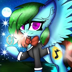 Size: 800x797 | Tagged: safe, anonymous artist, derpibooru import, oc, oc:precised note, unofficial characters only, pegasus, pony, bowtie, clothes, cutie mark, fluffy, gem, heart eyes, looking at you, looking back, looking back at you, moon, night, one hoof raised, presenting, river, scenery, signature, smiling, sparkles, spread wings, tuxedo, wingding eyes, wings