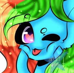 Size: 800x798 | Tagged: safe, anonymous artist, derpibooru import, oc, oc:precised note, unofficial characters only, pegasus, pony, heart eyes, hooves on cheeks, looking at you, mlem, one eye closed, signature, silly, tongue out, wingding eyes, wink