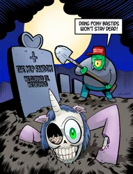 Size: 1000x1308 | Tagged: semi-grimdark, artist:curtsibling, derpibooru import, twilight sparkle, pony, undead, zombie, zombie pony, cemetery, decomposing, dialogue, empty eye socket, exposed bone, full moon, grave, grave digger, gravestone, graveyard, looking at you, maggots, moon, night, red hat, shovel, skinless, skull, tombstones, word balloon, worms