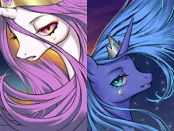 Size: 2560x1920 | Tagged: safe, artist:amarthgul, derpibooru import, princess celestia, princess luna, alicorn, pony, alternate design, crown, female, jewelry, makeup, mare, open mouth, pink-mane celestia, regalia, royal sisters, siblings, sisters, smiling