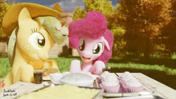 Size: 1024x576 | Tagged: safe, artist:dashyoshi, derpibooru import, applejack, pinkie pie, earth pony, pony, 3d, blender, blender cycles, cupcake, food, holiday, thanksgiving, tree