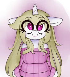 Size: 2000x2200 | Tagged: safe, artist:fullmetalpikmin, derpibooru import, oc, oc:cherry blossom, unofficial characters only, semi-anthro, unicorn, clothes, eye clipping through hair, gradient background, lipstick, smiling, sweater