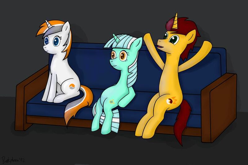 Size: 900x600 | Tagged: safe, artist:shivanking, derpibooru import, lyra heartstrings, oc, oc:bakpony, oc:belle eve, pony, unicorn, female, male, mare, meme, neogaf, sitting, sitting lyra, stallion, watching tv