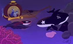 Size: 1154x692 | Tagged: safe, artist:captainfish, derpibooru import, oc, oc:captain fish, oc:star plume, giant squid, orca, pony, squid, bathysphere, scallop, ship wreck, underwater