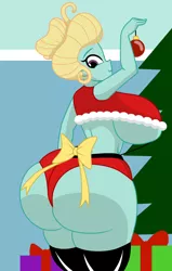 Size: 700x1100 | Tagged: suggestive, artist:mashoart, derpibooru import, zephyr breeze, equestria girls, ass, aura winds, big breasts, breasts, busty aura winds, butt, christmas, christmas ornament, christmas tree, curvy, decoration, equestria guys, female, holiday, huge breasts, huge butt, impossibly large butt, large butt, looking back, ornament, present, rear view, ribbon, rule 63, smiling, solo, solo female, the ass was fat, tree, underboob