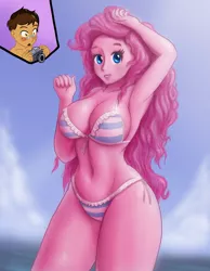 Size: 1120x1440 | Tagged: suggestive, artist:safartwoks, derpibooru import, pinkie pie, oc, oc:copper plume, equestria girls, armpits, beach, belly button, bikini, blushing, breasts, busty pinkie pie, camera, canon x oc, cleavage, clothes, commission, commissioner:imperfectxiii, copperpie, female, freckles, frilled swimsuit, legs, male, shipping, straight, striped swimsuit, swimsuit, thighs